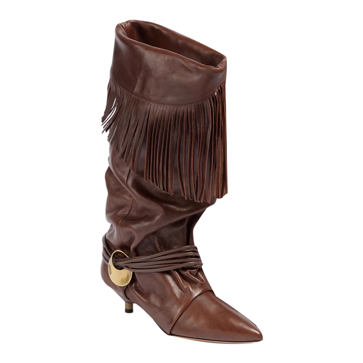 VACHR Fringed Kitten Heel Knee High Boots