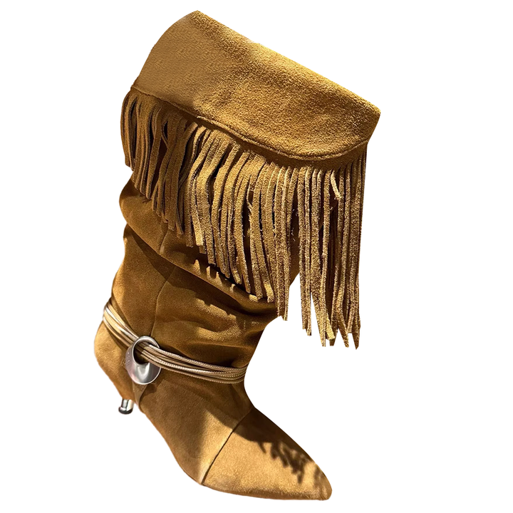 VACHR Fringed Kitten Heel Knee High Boots