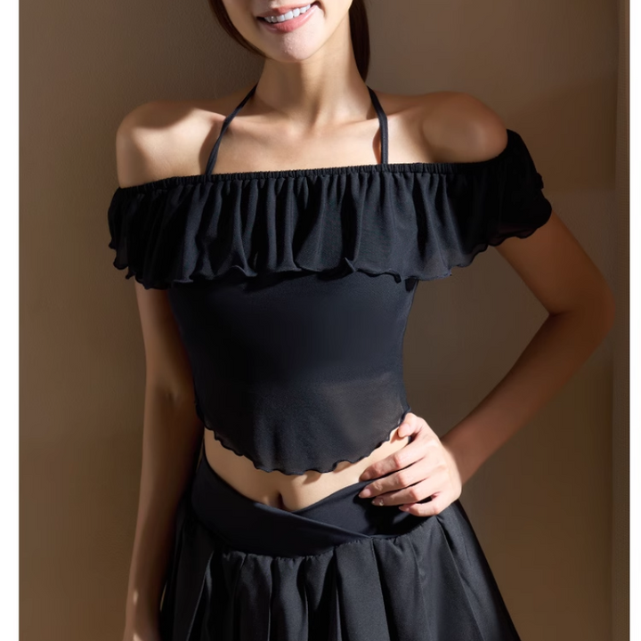 VEBIO Yoga Pilates Ruffled Off-Shoulder Fitted Sports Bra