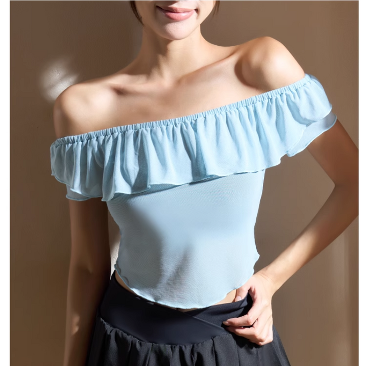 VEBIO Yoga Pilates Ruffled Off-Shoulder Fitted Sports Bra