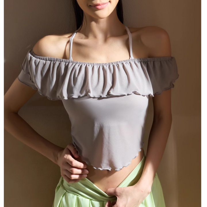 VEBIO Yoga Pilates Ruffled Off-Shoulder Fitted Sports Bra