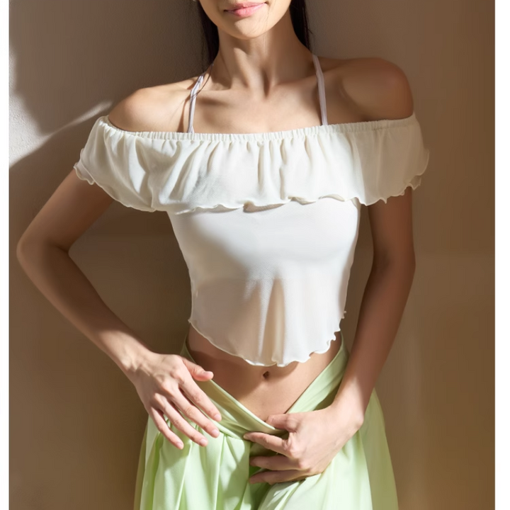 VEBIO Yoga Pilates Ruffled Off-Shoulder Fitted Sports Bra