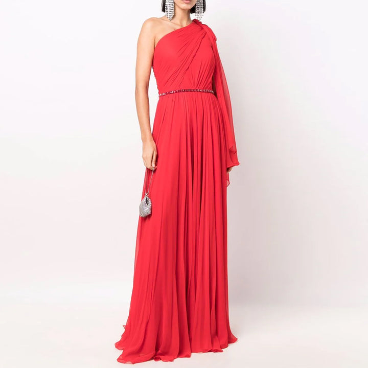 VETCI One Shoulder Fold Hem Evening Dress Gown