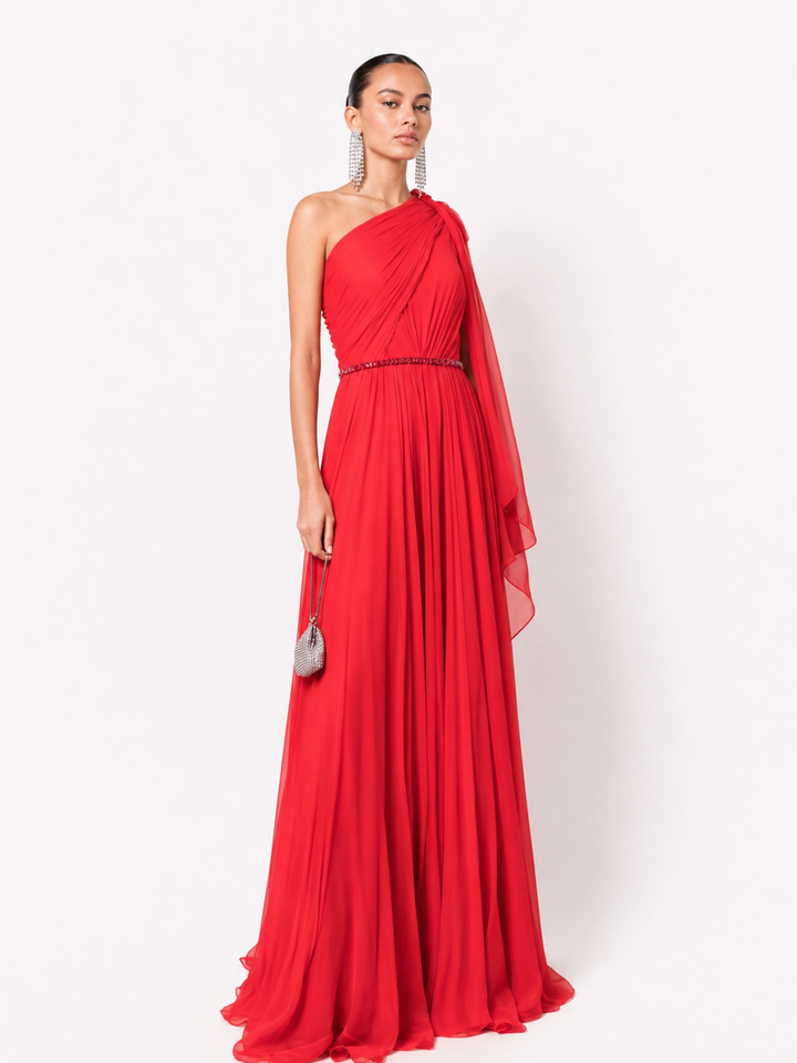 VETCI One Shoulder Fold Hem Evening Dress Gown