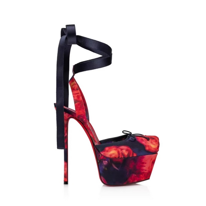 VOLNA Printed Lace Up High Heel Platform Sandals