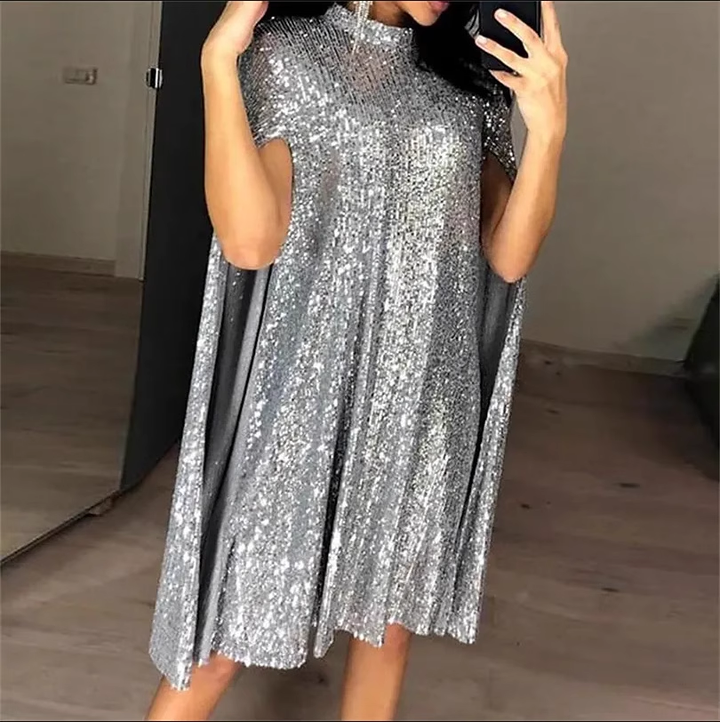 VOTHA Sequinned Cape Evening Dress Gown