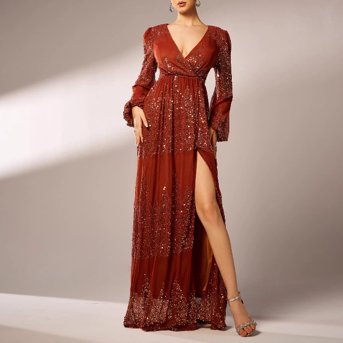 YALDA V Neck Slip Evening Dress Gown