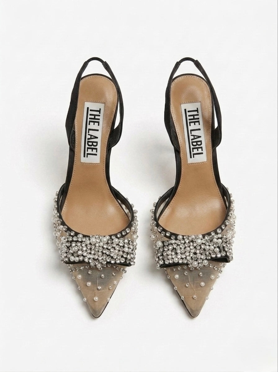 STELLA BOW CRYSTAL-EMBELLISHED MESH SLINGBACK PUMPS