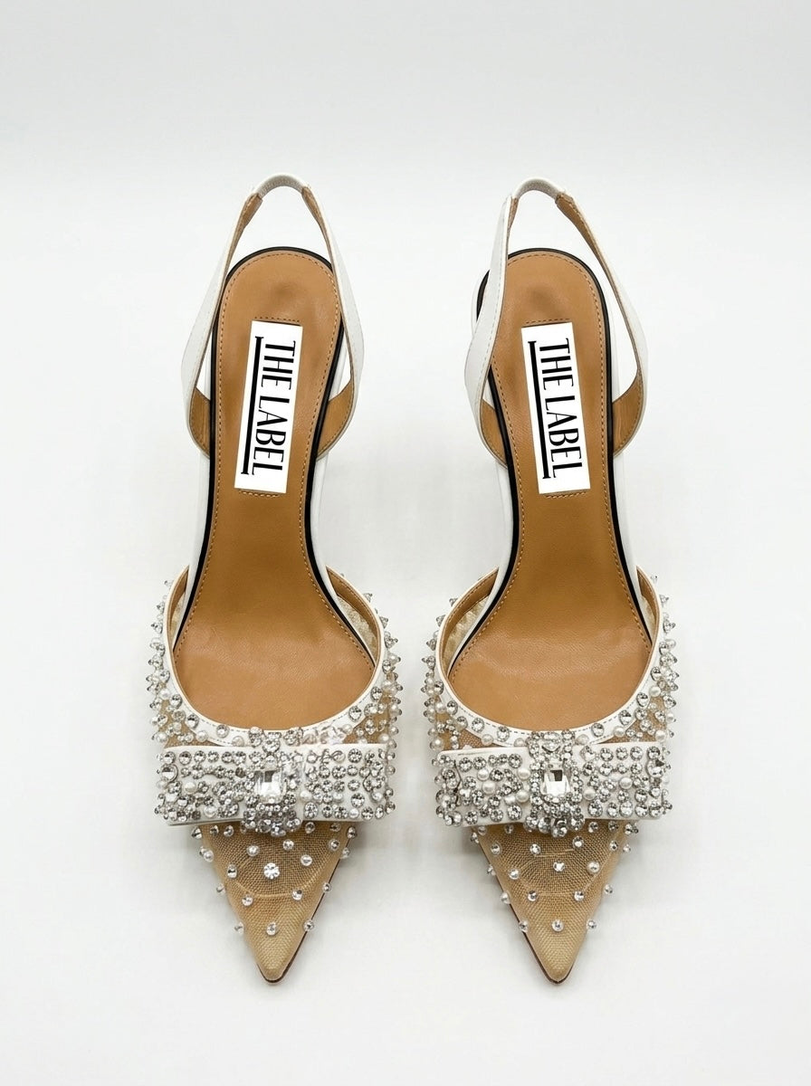 STELLA BOW CRYSTAL-EMBELLISHED MESH SLINGBACK PUMPS
