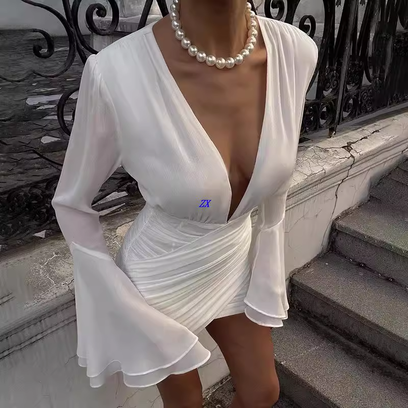 FUTEA Deep V Bell Sleeves Mini Dress