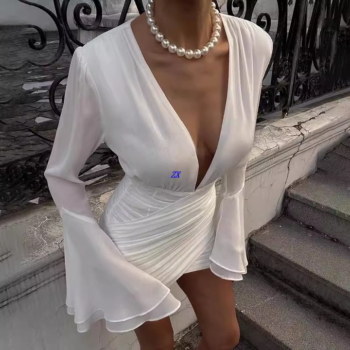 FUTEA Deep V Bell Sleeves Mini Dress