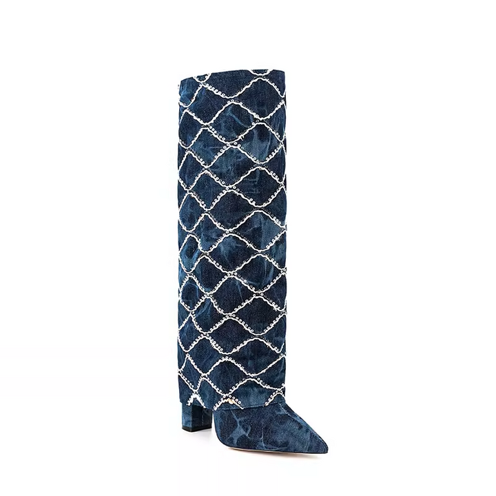 HUTIH Sequinned Square Denim Knee High Boots