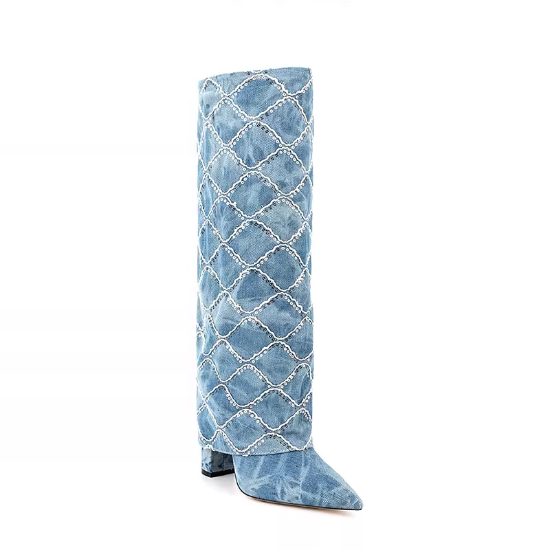HUTIH Sequinned Square Denim Knee High Boots