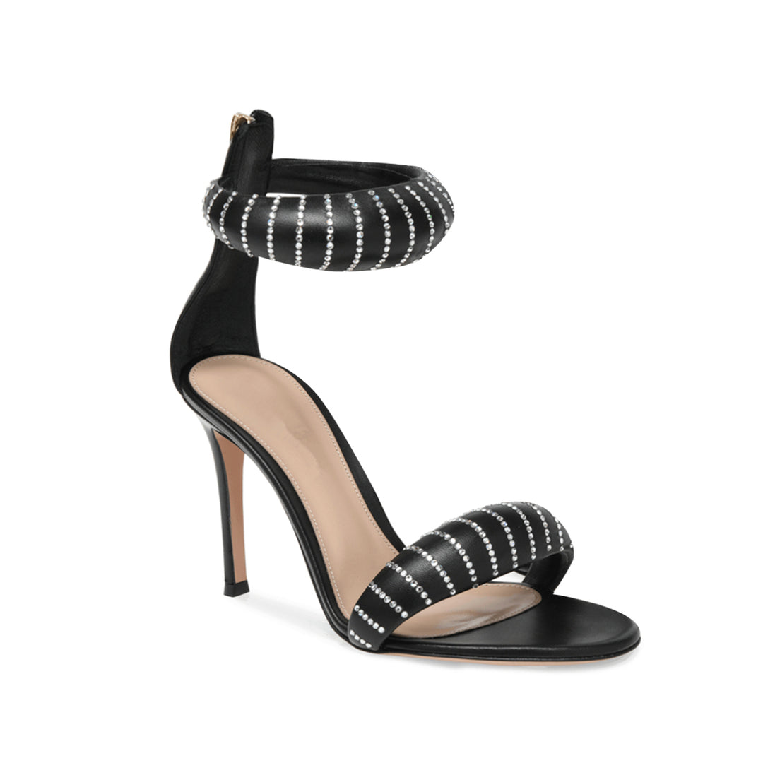 KAFIN Diamante Ankle Strap Leather Stiletto Mid Heel Sandals - 7.5cm