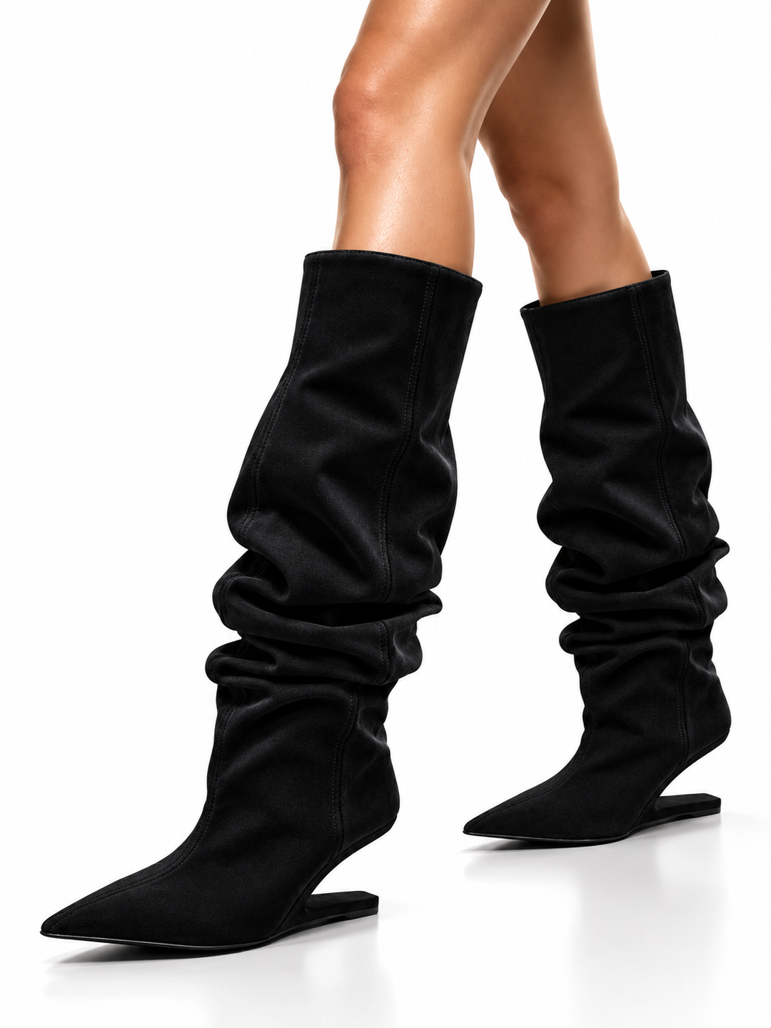 KALCI SUEDE SCULPTURED HEEL KNEE HIGH BOOTS