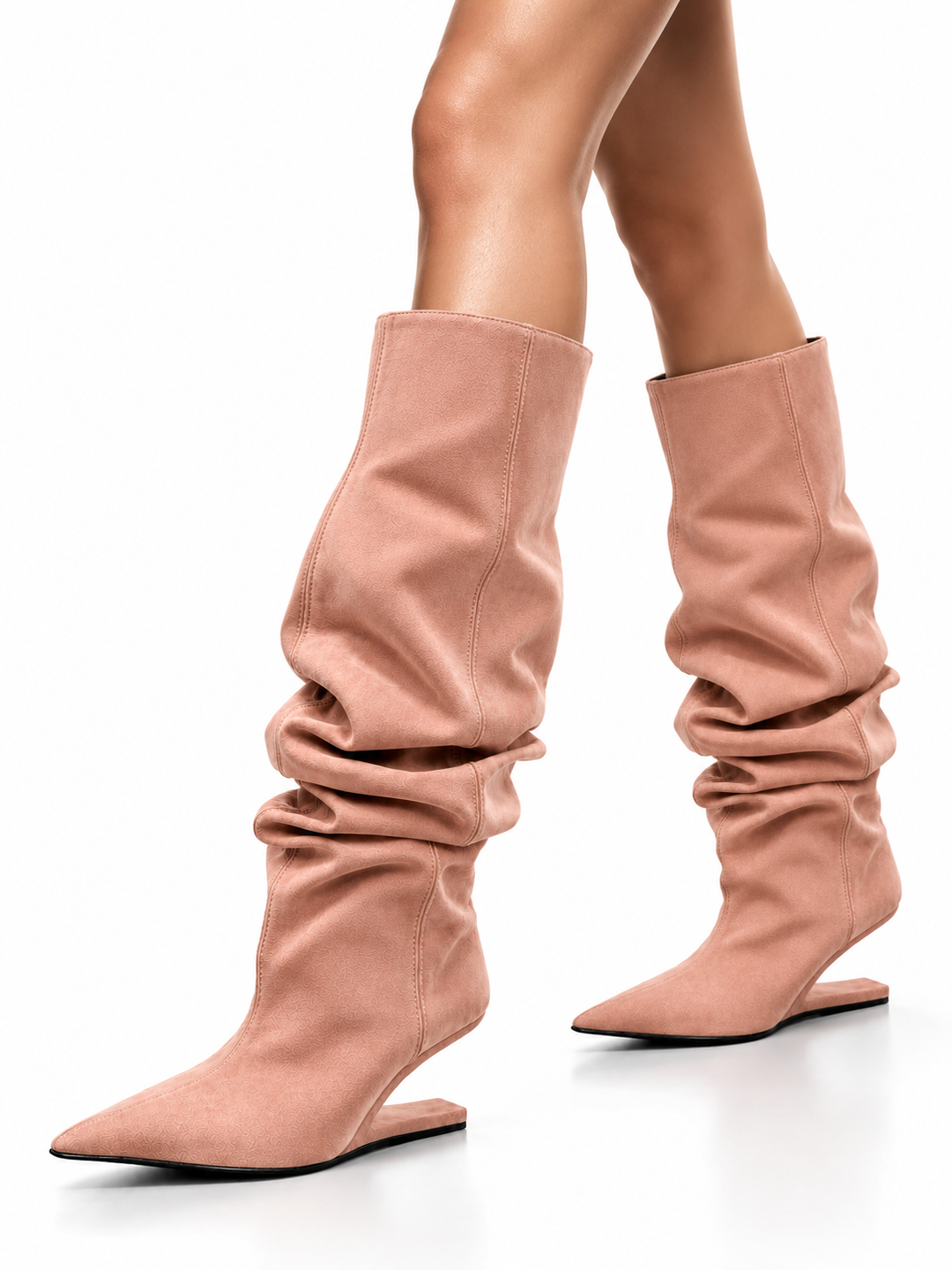 KALCI SUEDE SCULPTURED HEEL KNEE HIGH BOOTS