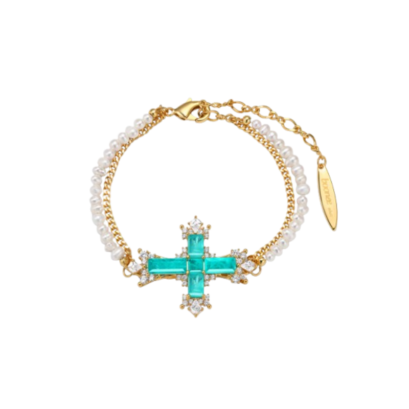 KESUX Diamante And Pearl Cross Bracelet