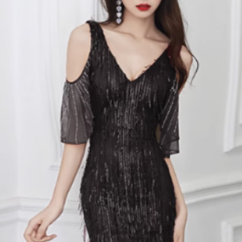 MUBVO Fringed Cold-Shoulder Evening Dress Gown
