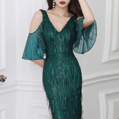 MUBVO Fringed Cold-Shoulder Evening Dress Gown