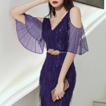 MUBVO Fringed Cold-Shoulder Evening Dress Gown