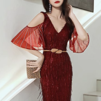 MUBVO Fringed Cold-Shoulder Evening Dress Gown