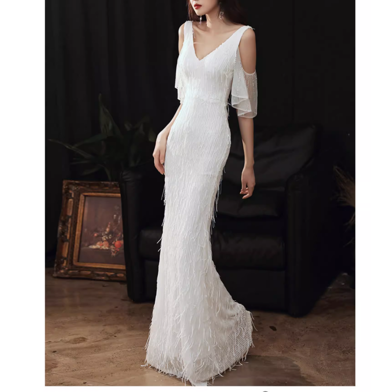 MUBVO Fringed Cold-Shoulder Evening Dress Gown