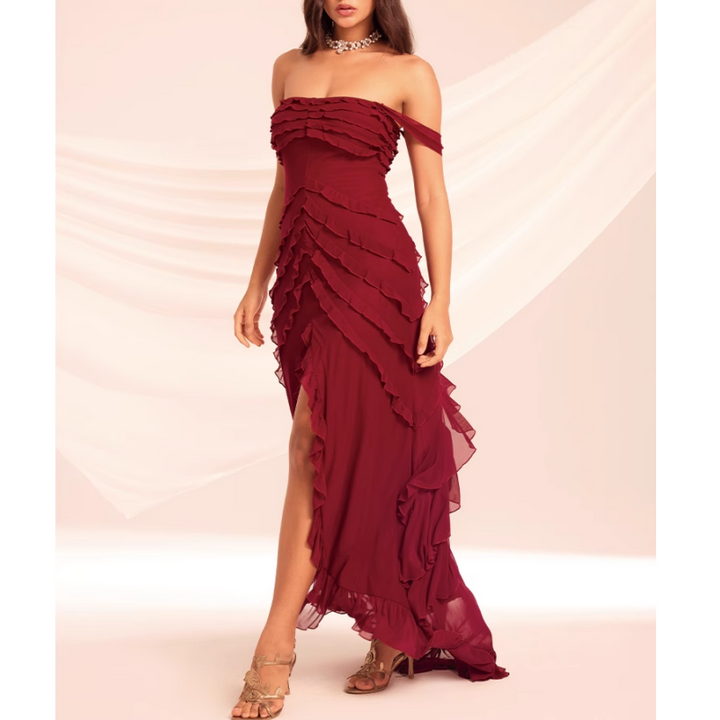NUMOG Ruffled Off-Shoulder Slip Evening Dress Gown
