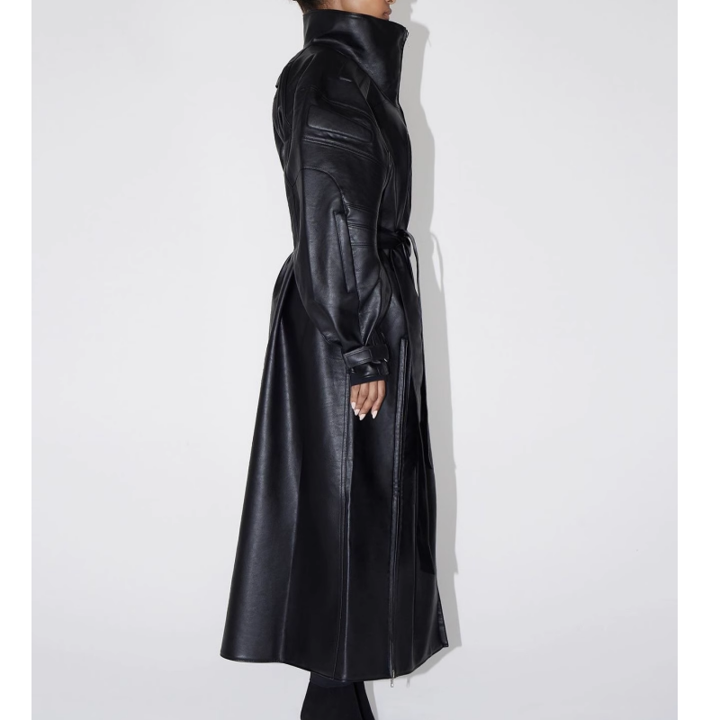 QRECA Strap Leather Long Coat