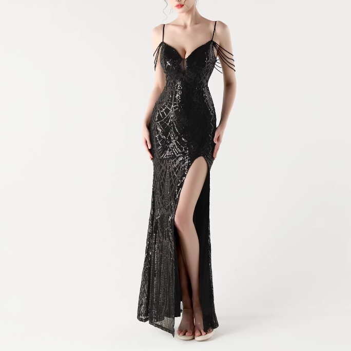 RAOCE Sequinned Slip Evening Dress Gown