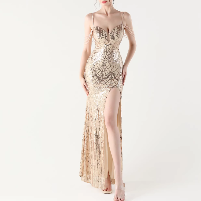 RAOCE Sequinned Slip Evening Dress Gown
