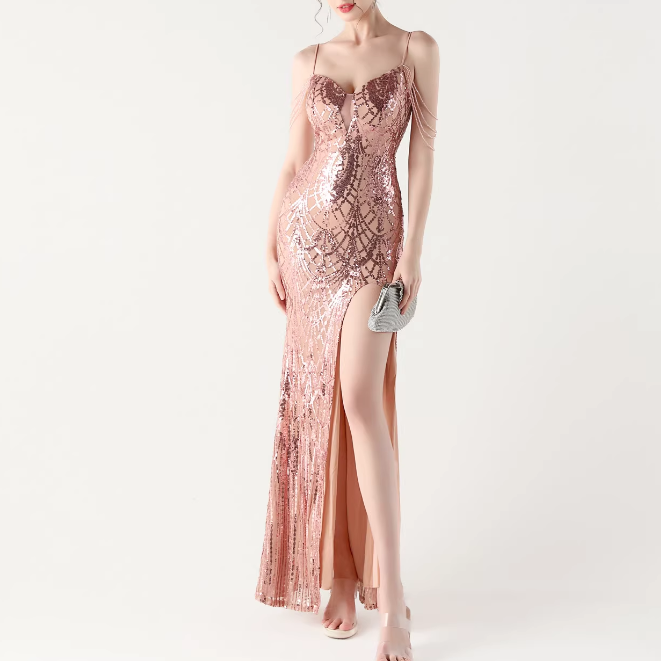 RAOCE Sequinned Slip Evening Dress Gown
