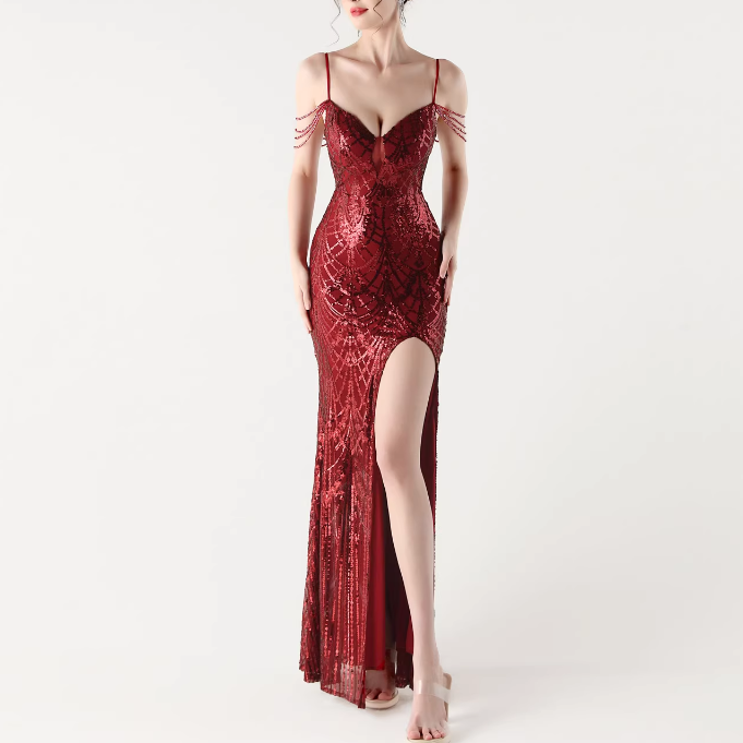 RAOCE Sequinned Slip Evening Dress Gown