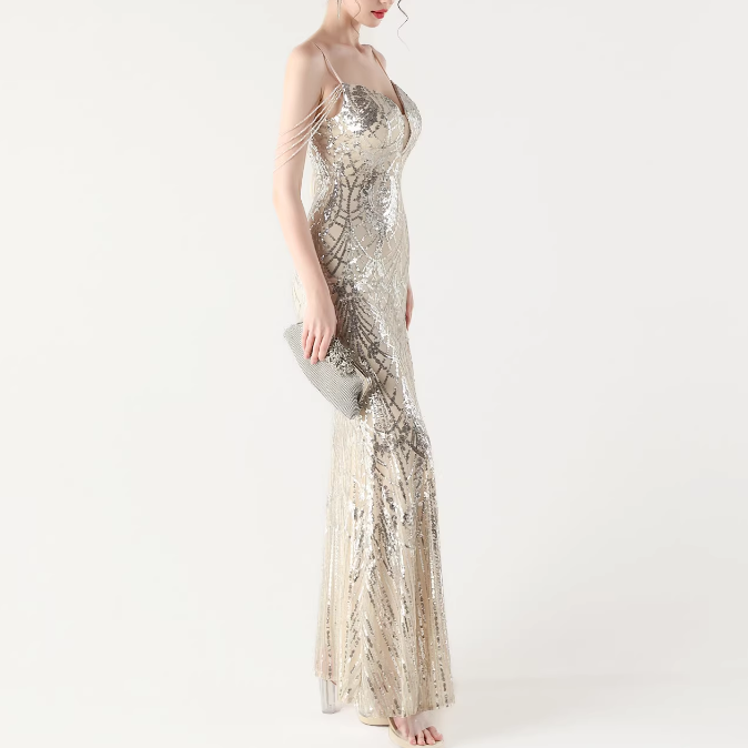 RAOCE Sequinned Slip Evening Dress Gown