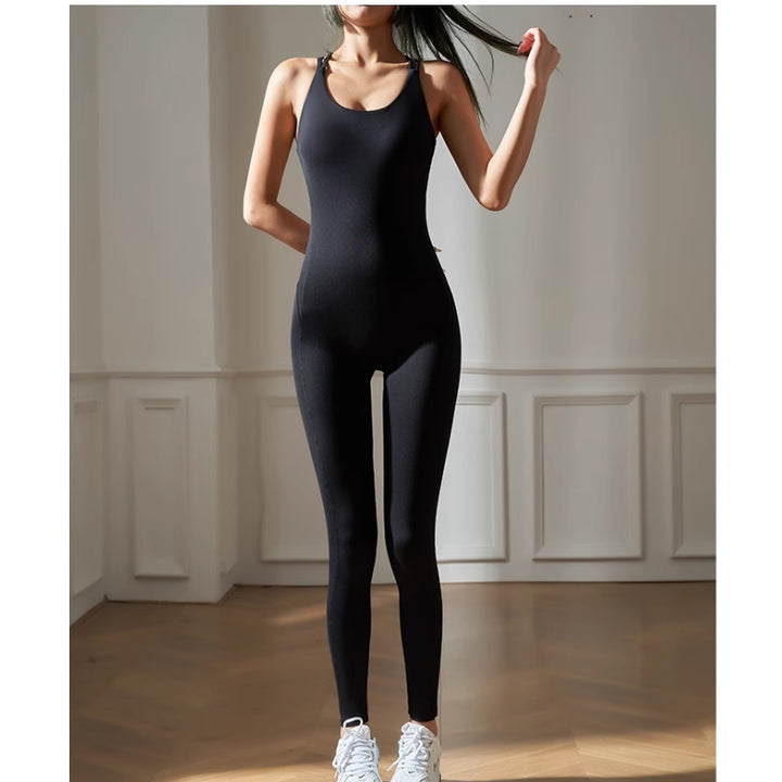 RECUO Yoga Pilates Backless Fitted One-Piece Workout Bodysuit Jumpsuit Romper