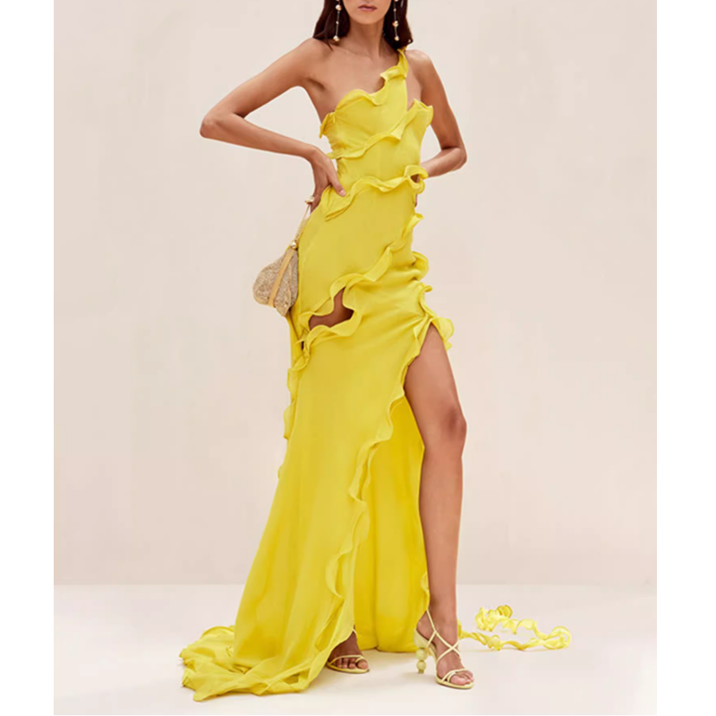 REHOM Ruffled Slip Evening Dress Gown