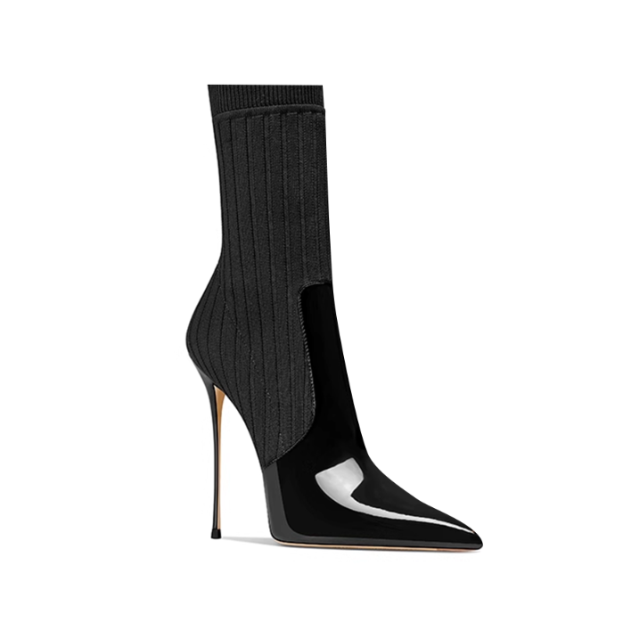 ROFNU Knit And Patent Leather Ankle Boots