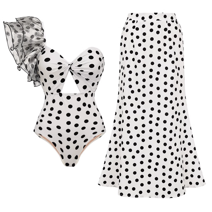 RUMCA Polka Dot Printed Swimwear And Ruffled Skirt