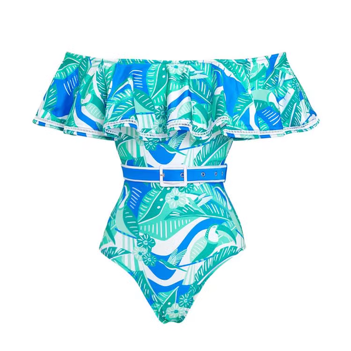 SEDOI Printed Ruffled Off Shoulder Swimwear And Slip Skirt