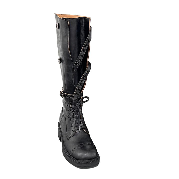 SOVCA Buckled Lace Up Knee High Boots