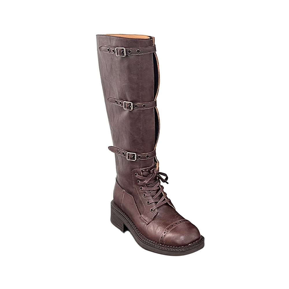 SOVCA Buckled Lace Up Knee High Boots