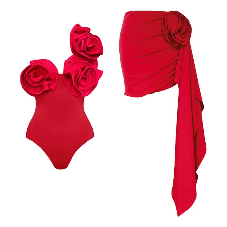SULLE Flower Embellished Swimwear And Asymmetric Hem