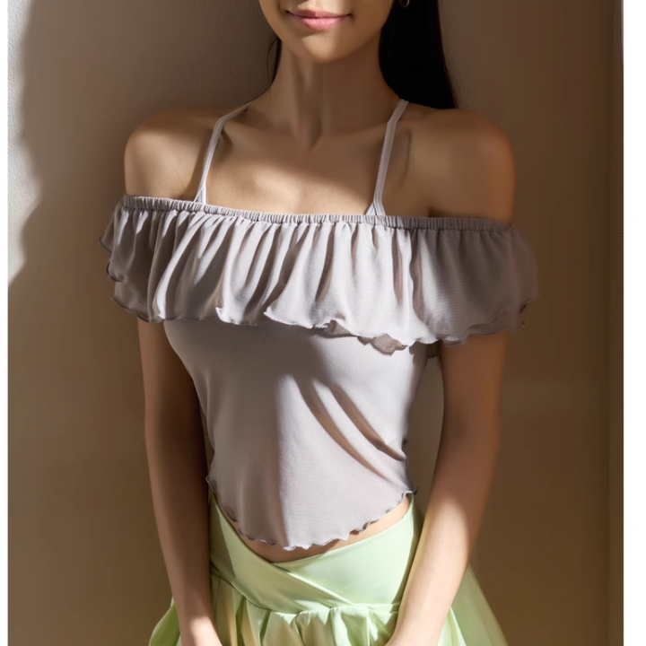 VEBIO Yoga Pilates Ruffled Off-Shoulder Fitted Sports Bra