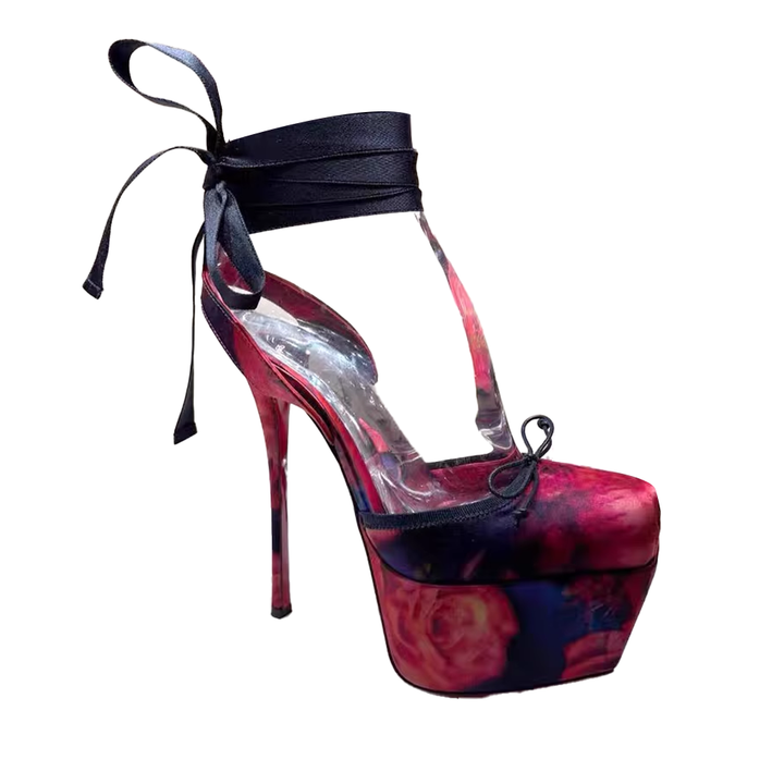 VOLNA Printed Lace Up High Heel Platform Sandals