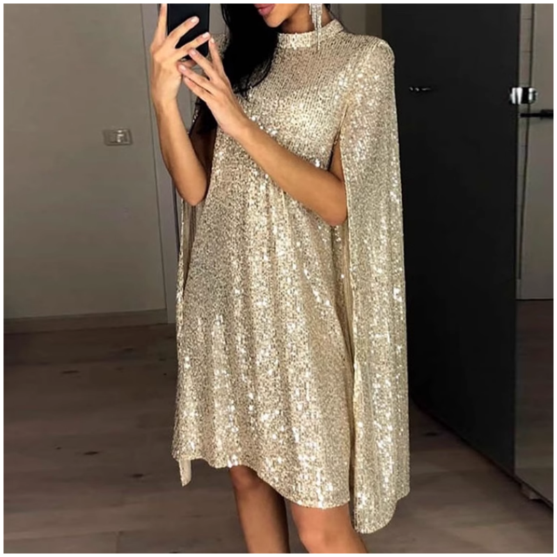 VOTHA Sequinned Cape Evening Dress Gown