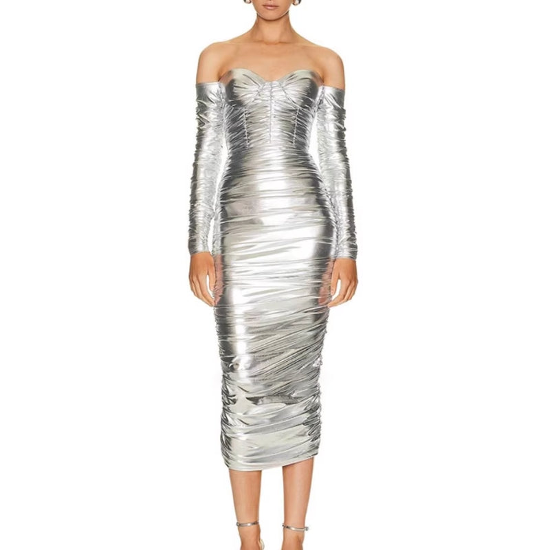 SIlver ZOREB Off-Shoulder Evening Dress Gown | i The Label – I The Label