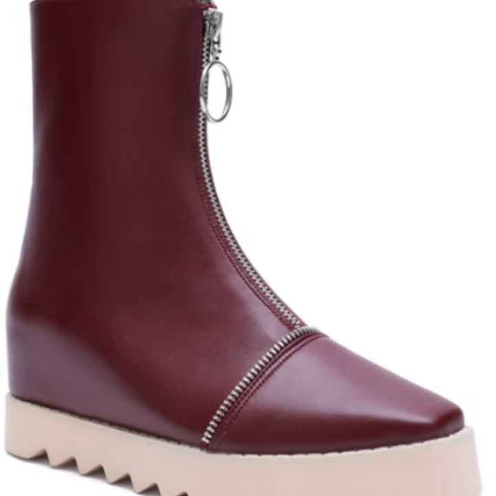 LIAEN Leather Platform Wedged Heel Ankle Boots