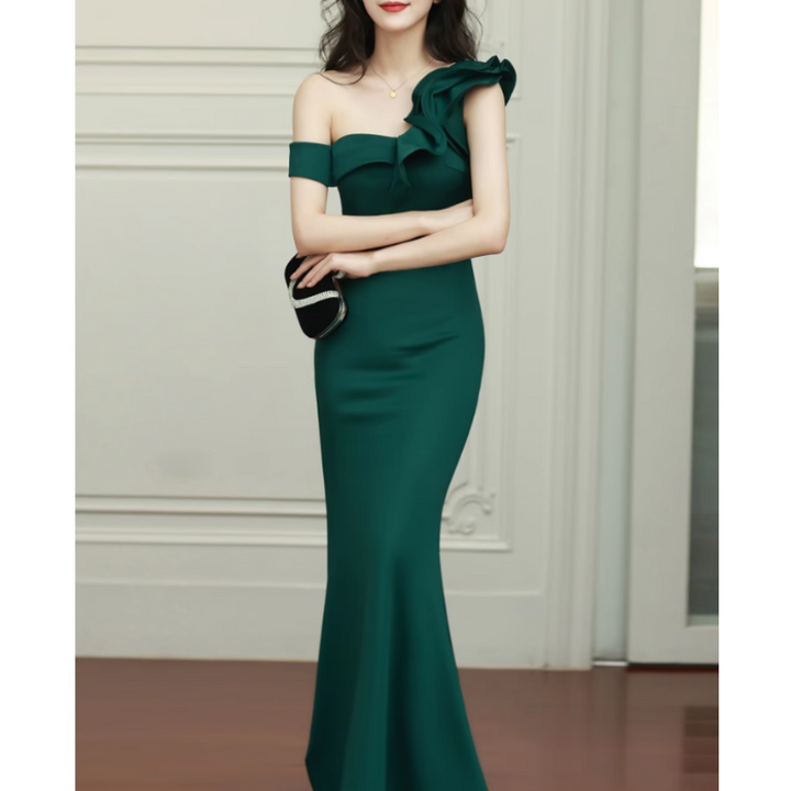 CAROV Ruffled Off-Shoulder Evening Dress Gown