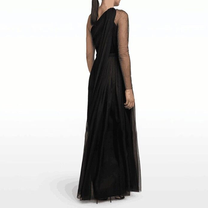 CUERI Asymmetric Sleeves Evening Dress Gown