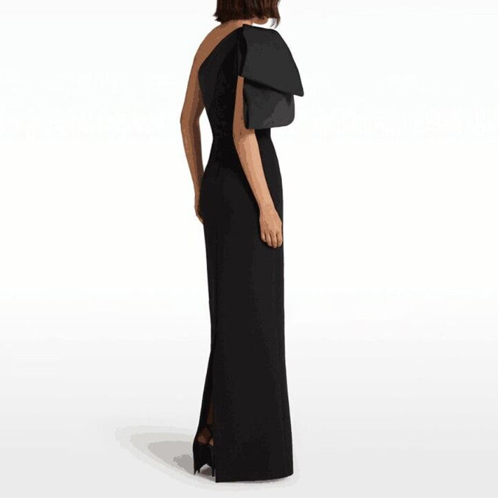 DERUL Bow Asymmetric Shoulder Evening Dress Gown