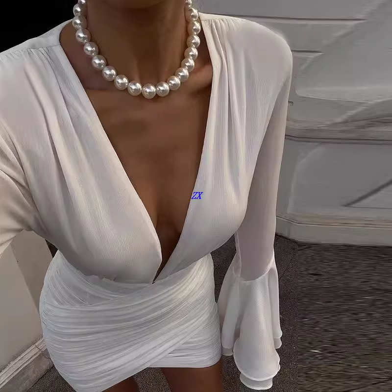 FUTEA Deep V Bell Sleeves Mini Dress